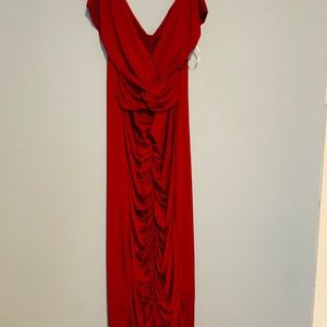 Red off shoulder ruched body con midi dress